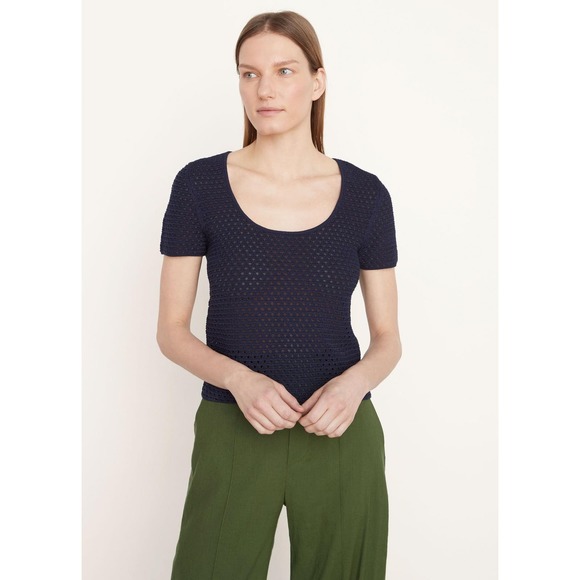 Vince Navy Blue Textured Scoop Neck Top Size Small - Picture 2 of 8